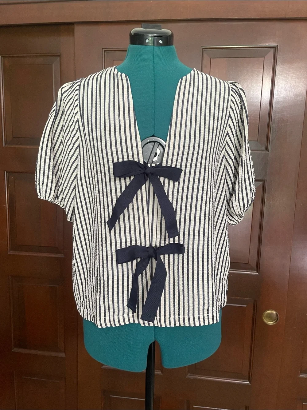 Zara Black and White Striped Puff Sleeve Tie-Front Blouse
